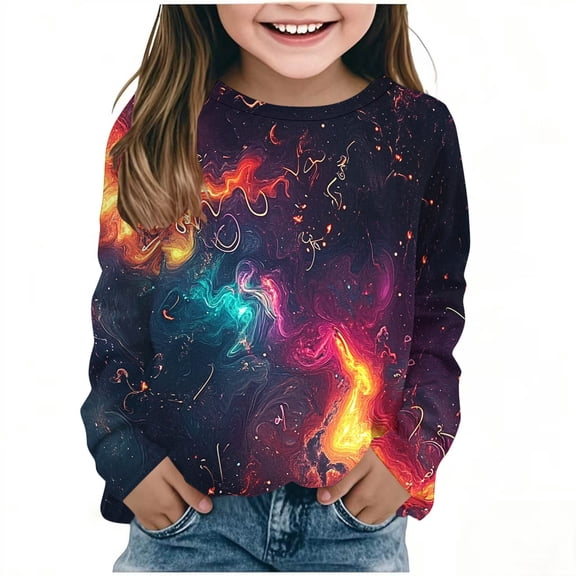 MKOSPLRT Girls Long Sleeve Shirts Round Neck 3D Print Tops Trendy Sparkly Graphic T Shirts Lightweight Spring Tees Gifts for Kid 3-14 Years