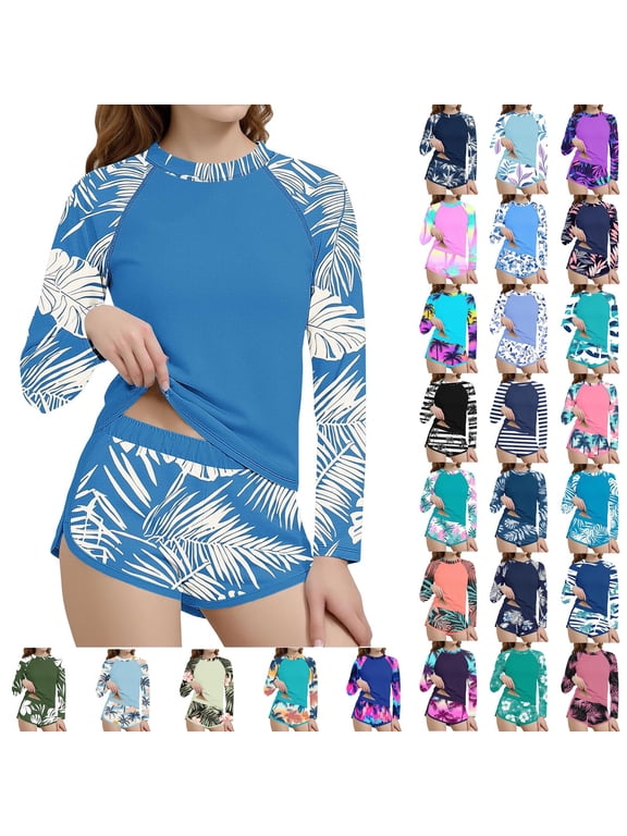 Girls' Long Sleeves Rash Guard 6-15Y Two Piece Swimsuits Swim Shirt and Shorts Beach Hawaiian Print Bathing Suits