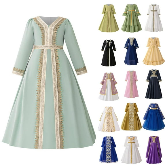MKOSPLRT Girls' Muslim Abaya Prayer Dress 4-8Y V Neck Ruffle Long Sleeve Embroidered Princess Dress Elegant Flower Girl Maxi Dress