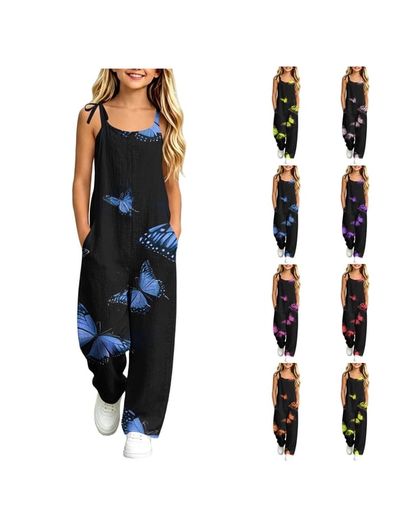 Girls One Piece Jumpsuits Sleeveless Loose Adjustable Strap Summer Rompers Casual Floral Print Overalls with Pockets 5-14Y