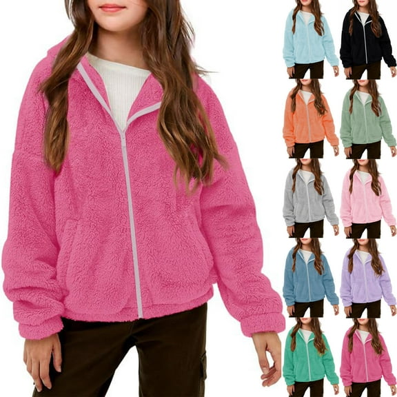 MKOSPLRT Girls' Outerwear Jackets Kids Soft Fleece Zip up Hoodie Fuzzy Sherpa Warm Jacket Coats Solid Outwear with Pockets 5-14Y