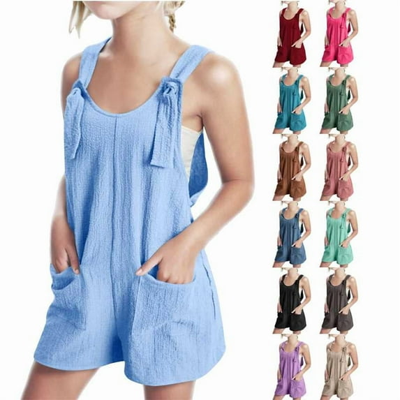 MKOSPLRT Girls Overall Shorts Adjustable Straps Jumpsuits Solid Cotton Linen Bib Overalls Shorts with Pocket 5-14Y