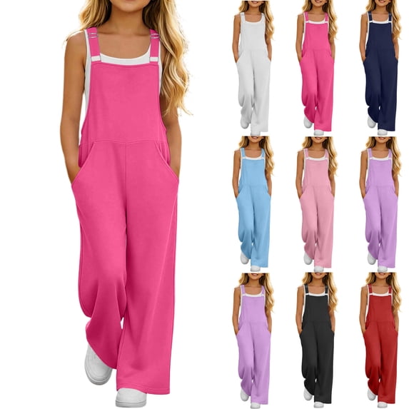 MKOSPLRT Girls Overalls Kids Casual Sleeveless Wide Leg Jumpsuit Loose Rompers with Pockets 5-14 Years for Travel Vacation