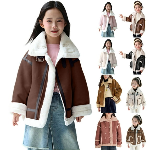 MKOSPLRT Girls Oversized Faux Suede Moto Jacket Sherpa Fleece Lined Faux Leather Jacket Coat Vintage Fall Winter Overcoat 4-11Y