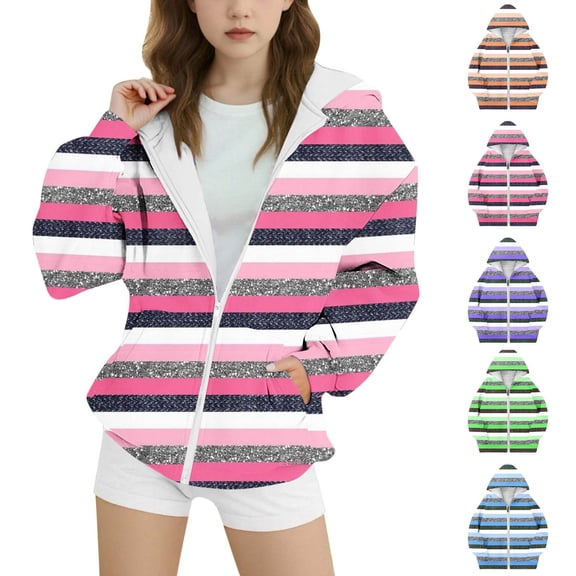 MKOSPLRT Girls' Oversized Full Zip Hoodies with Pocket 4-15Y Casual Long Sleeve Fleece Lined Sweatshirts Funny Striped Graphic Hoodies