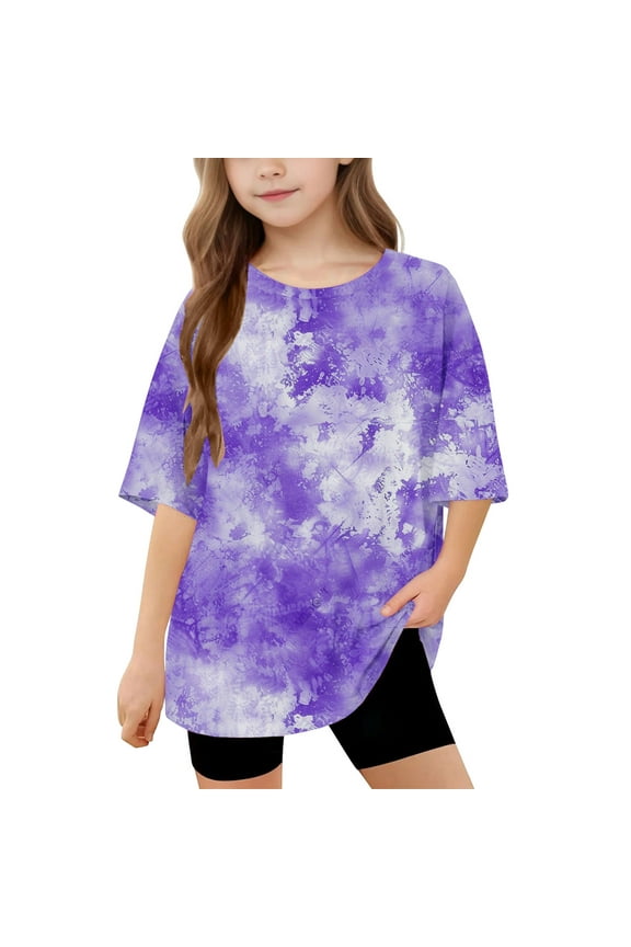 Girls Oversized Tie Dye Tops 5-15 Years Short Sleeve Drop Shoulder Tshirts Funny Graphic Tees Crew Neck Loose Fit Tee Shirts