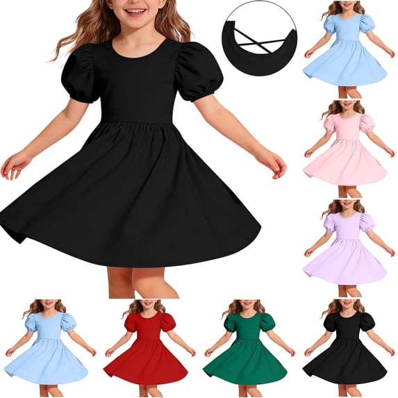 MKOSPLRT Girls Puff Short Sleeve Summer Dress Kids Casual Crew Neck Cross Back A-Line Dresses Solid Knee Length Dress Black 14-15 Years