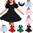 thumbnail image 1 of MKOSPLRT Girls Puff Short Sleeve Summer Dress Kids Casual Crew Neck Cross Back A-Line Dresses Solid Knee Length Dress Red 14-15 Years, 1 of 8