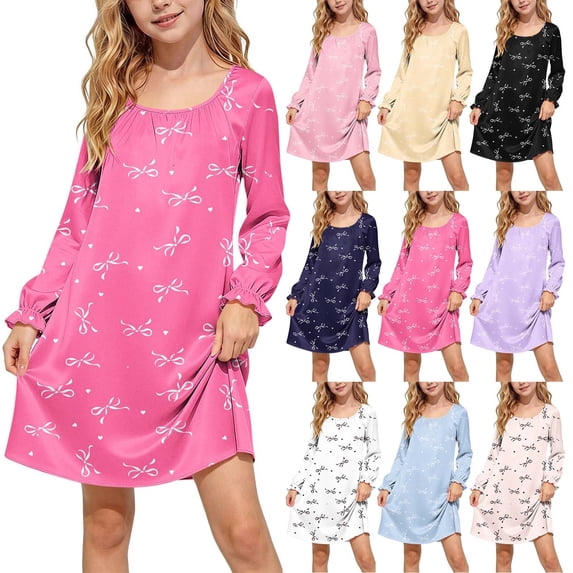 MKOSPLRT Satin Bow Print Nightgown for 5-15 Years Long Sleeve Crew Neck Knee Length Sleep Dress Soft Silk Like Pullover Pajamas