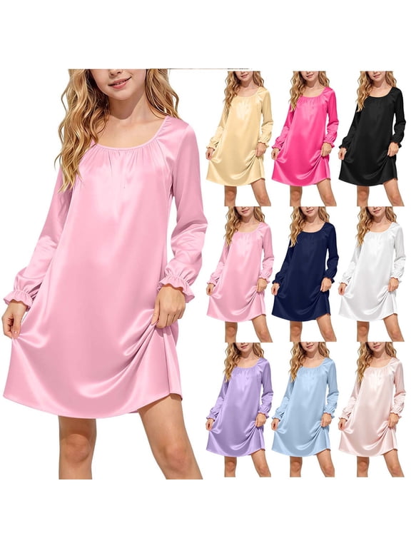 Satin Sleepwear for 5-15 Years Ruffle Long Sleeve Cute Nightgown Nightie Pajama Dress Comfy Soft Sleepshirt Solid Color Nightdress Night Gown for Sleep Parties Daily Wear
