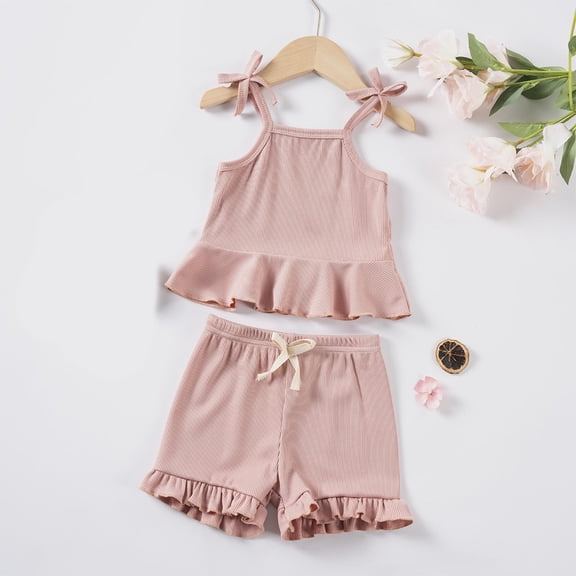 MKOSPLRT Girls Sets 2 Piece Outfits Tie Spaghetti Strap Camisoles Baggy Wide Leg Shorts Ruffle Summer Sets 2 Piece Solid Lounge Sets for Baby