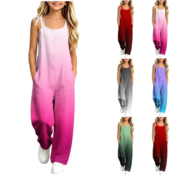 MKOSPLRT Girls Sleeveless Jumpsuit Adjustable Straps Gradient Print Linen Blend Overalls with Pockets Ages 5 to 14