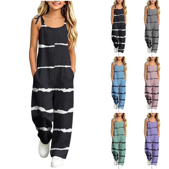 MKOSPLRT Girls Sleeveless Jumpsuit Adjustable Straps Striped Print Linen Blend Overalls with Pockets Ages 5 to 14