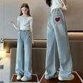 thumbnail image 1 of MKOSPLRT Girls' Straight Leg Jenas 4-15Y High Elastic Waist Love Denim Pants Distressed Retro Wide Leg Jeans with Pockets, 1 of 10