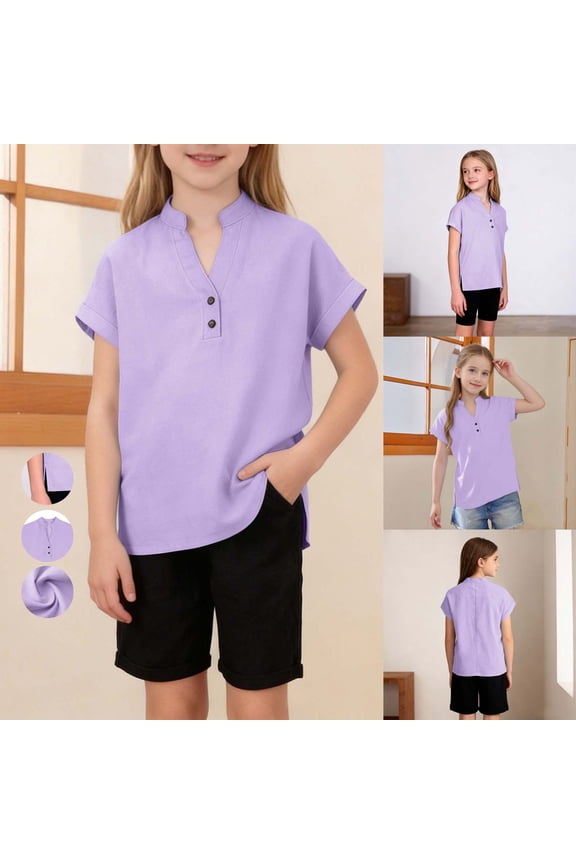 Girls Summer Cotton Linen Tops Button V Neck Henley Shirts Rolled Short Sleeve Split Hem T Shirt Solid Loose Fit Tees Purple 5-6 Years