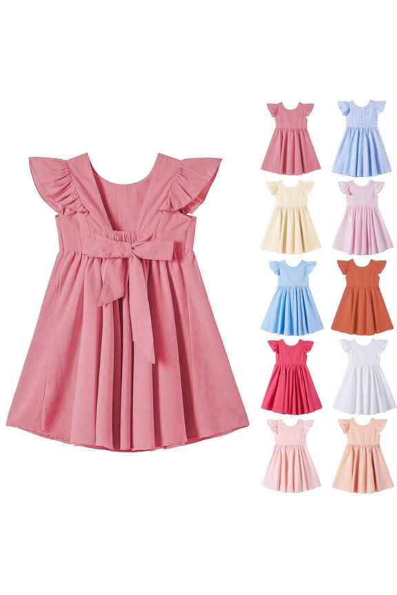 Girls Summer Dress Flutter Sleeve Palid Formal Dresses Midi Ruffle A Line Dresses for Wedding Party Pink 3-4Years