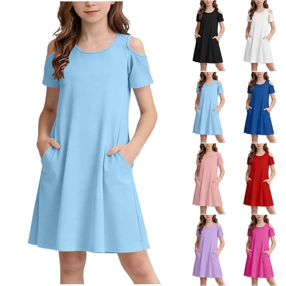 MKOSPLRT Girls Summer Dress Short Sleeve Cold Shoulder Solid Color Swing Casual Dresses Crewneck Knee Length Tshirt Dress with Pockets Light Blue 14-15 Years