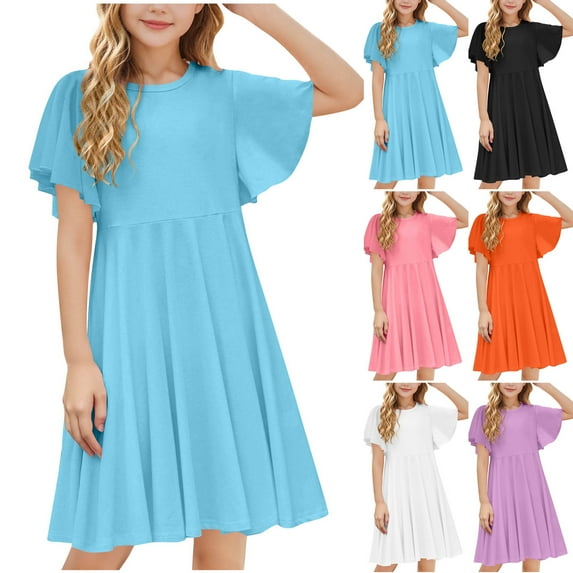 MKOSPLRT Girls Summer Dresses 4-13 Years Ruffle Sleeve Twirly Skater Dress Crew Neck Solid Swing Knee Length Dress Beach Party Dresses