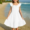 thumbnail image 1 of MKOSPLRT Girls Summer Dresses Double Pleated Sleeve Ruffle Dress Square Neck Smocked Knee Length Dress Solid Color Sundress Kids Clothes, 1 of 9