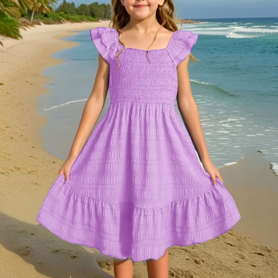 MKOSPLRT Girls Summer Dresses Double Pleated Sleeve Ruffle Dress Square Neck Smocked Knee Length Dress Solid Color Sundress Kids Clothes