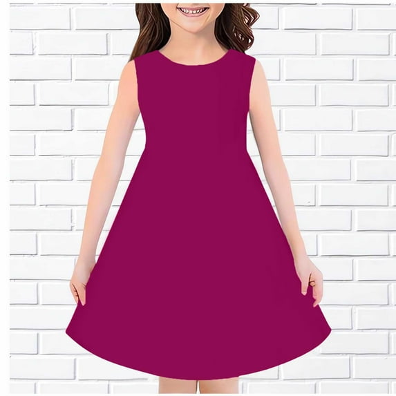 MKOSPLRT Girls Summer Dresses Sleeveless Crewneck Midi Dress Basic Solid Coloe Party Dress Flowy Wedding Knee Length Dresses 4-14 Years