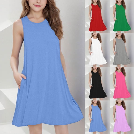 MKOSPLRT Girls' Summer Dresses with Pocket Sleeveless Crew Neck Dance Dresses Solid Flowy Knee Length Dresses 5-15 Years