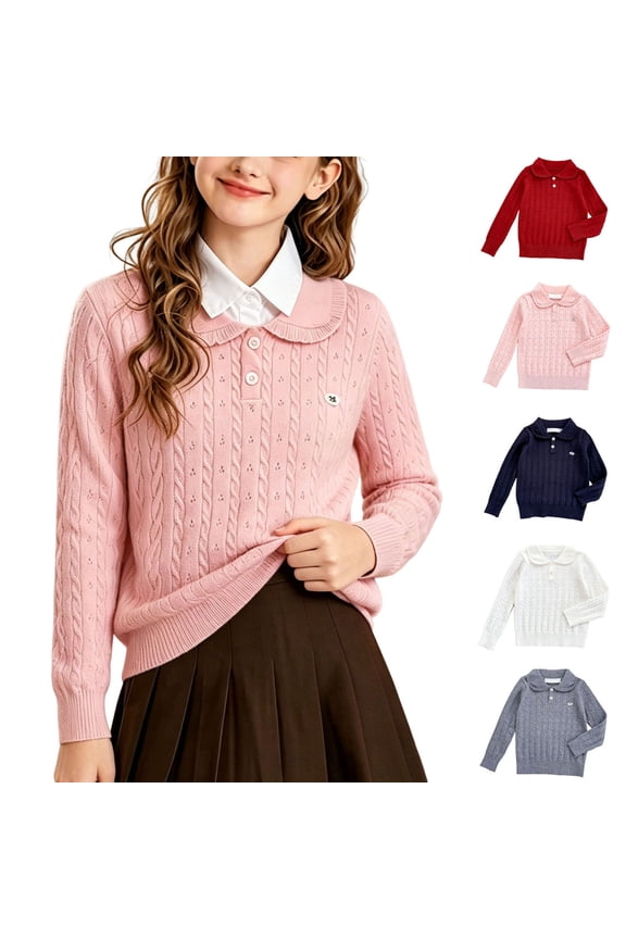 Girls Sweaters Kids Fashion Cable Knit Peter Pan Collar Button Pullover Sweater Long Sleeve Solid Tops 1-15 Years