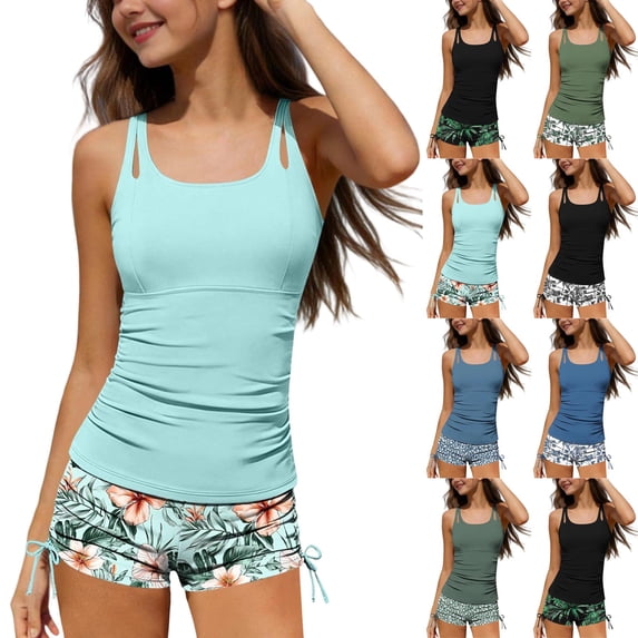 MKOSPLRT Girls Swimsuit Two Piece Tankini Swimsuits with Boyshort Ruched Bathing Suit Color Block Teen Girls' Swimwear Size 7-16Y