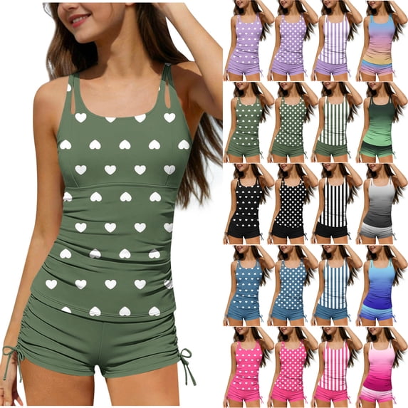 MKOSPLRT Girls Swimsuit Two Piece Tankini Swimsuits with Boyshort Ruched Bathing Suit Striped Teen Girls' Swimwear Size 7-16Y