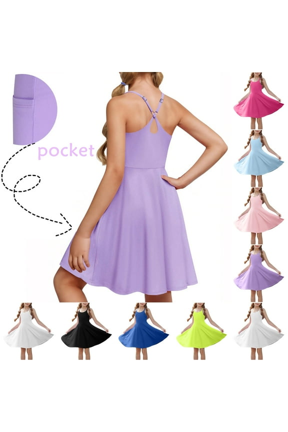 Girls Tennis Dress 2-in-1 Golf Workout Dress with Built-in Shorts Pockets Athletic Dresses with Adjustable Strap 4-15 Years