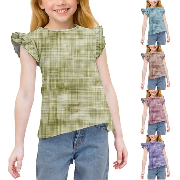 MKOSPLRT Girls' Tie Dye Tops Ruffle Sleeve Crew Neck Summer Shirts Casaul Loose T Shirts Breathable Going Out Tshirts 3-14 Years