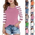 thumbnail image 1 of MKOSPLRT Girls Tops Three-Quarter Sleeve Striped Raglan Shirts Crew Neck Color Block T Shirts Funny Going Out Tees 4-15 Years, 1 of 7