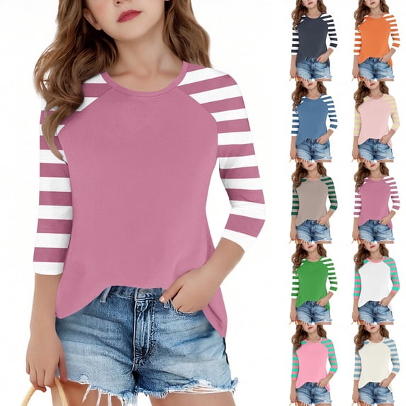 MKOSPLRT Girls Tops Three-Quarter Sleeve Striped Raglan Shirts Crew Neck Color Block T Shirts Funny Going Out Tees 4-15 Years