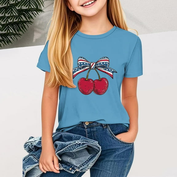 MKOSPLRT Girls USA Star Stripes Fourth July Tee Shirts Short Sleeve Crew Neck Patriotic Shirts Cute Independence Day Graphic Tees for 2-13Y