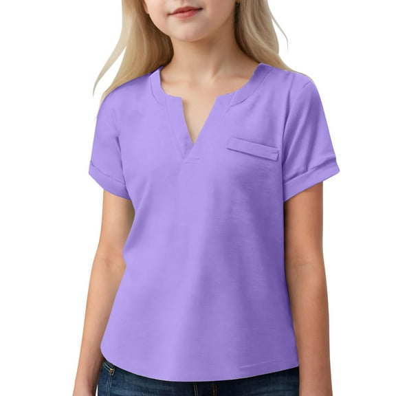 MKOSPLRT Girls V Neck T Shirts Short Sleeve Lounge Shirts Solid Color Loose Tops Soft Going Out Tees Comfy Back to School Tee Shirts