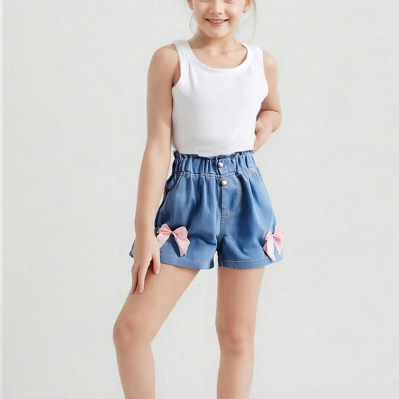 MKOSPLRT Girls Wide Leg Jean Shorts with Pocket 3-8 Years High Elastic Waist Straight Leg Denim Shorts Cute Bow Jean Shorts