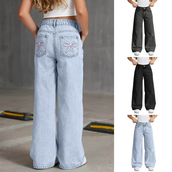 MKOSPLRT Girls Wide Leg Jeans Baggy Bow Embroidery High Elastic Waist Denim Pants Cute Y2K Trendy Tween Streetwear with Pocket 6-16Y