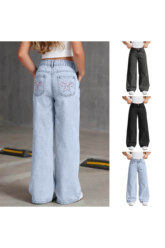 Girls Wide Leg Jeans Baggy Bow Embroidery High Elastic Waist Denim Pants Cute Y2K Trendy Tween Streetwear with Pocket 6-16Y