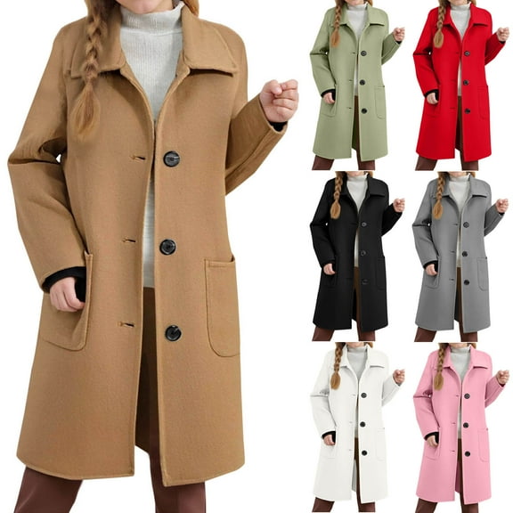 MKOSPLRT Girls Wool Blend Winter Coats 4-15Y Lapel Collar Single Breasted Warm Overcoat Pea Coats Solid Long Outwear with Pocket