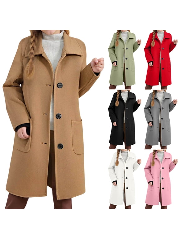 Girls Wool Blend Winter Coats 4-15Y Lapel Collar Single Breasted Warm Overcoat Pea Coats Solid Long Outwear with Pocket