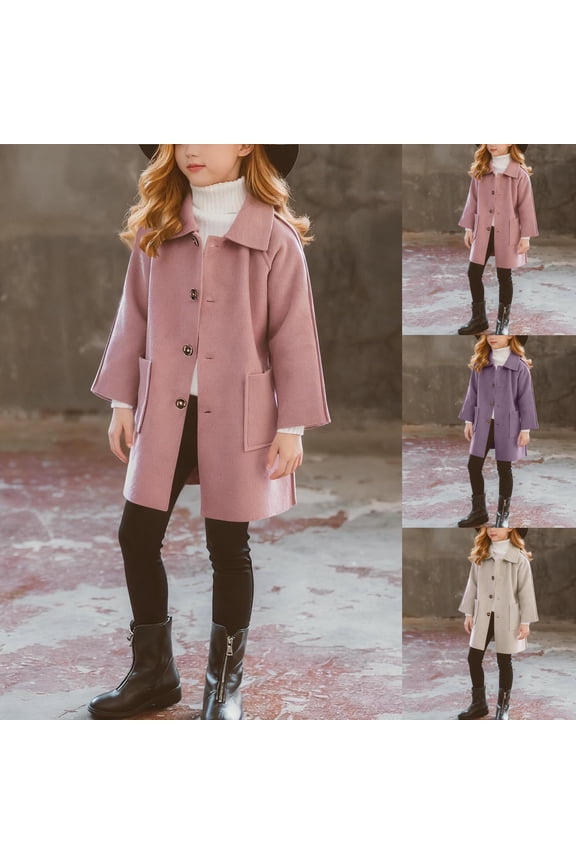 Girls Wool Dress Coats Fall Winter Notch Lapel Single Breasted Long Trench Coats with Pockets Warm Jacket Pea Coats 4-14Y