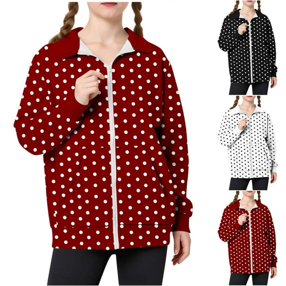 MKOSPLRT Girls Zip Up Jackets 5-15Y Polka Dot Graphic Sweatshirt Jackets Stand Collar Long Sleeve Fall Jackets with Pockets
