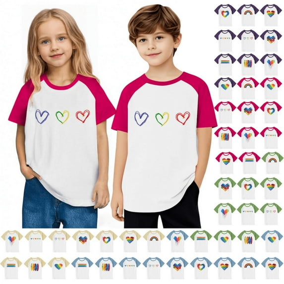 MKOSPLRT Going Out Tops for Kid 3-14 Years Short Sleeve Raglan Shirts Crew Neck Color Block T-Shirts Love Print Tees Kids Clothes
