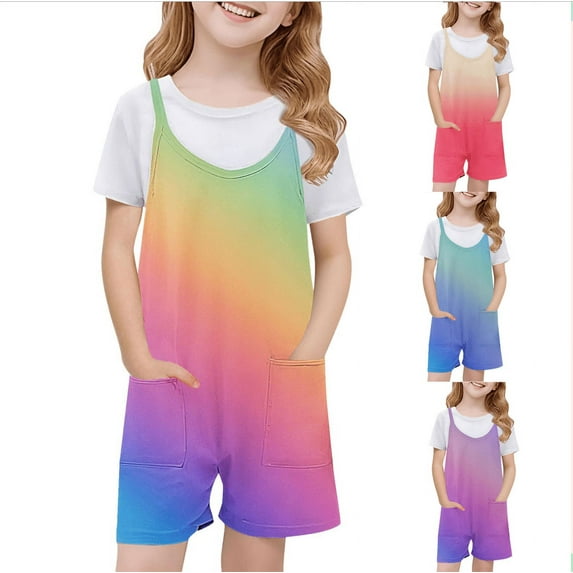 MKOSPLRT Gradient Jumpsuit Shorts for Girl Casual Spaghetti Strap Rompers Baggy Sleeveless Jumpers Lightweight Summer Beach Overalls with Pocket