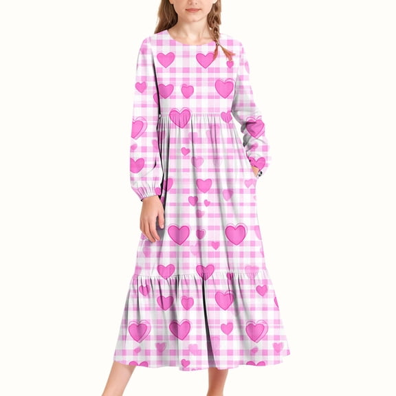 MKOSPLRT Happy Valentines Day Dress Girls with Pocket 4-15Y Long Sleeve Love Print Dress Crew Neck Ruffle Tiered Maxi Dresses