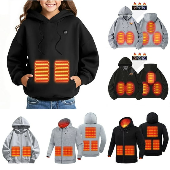 MKOSPLRT Heated Fleece Hoodie Jackets for Girl Boy Winter Zip Up USB Warming Coat Outdoor 5 Control 3 Heat Zones Heating Sweatshirt with Pcoket