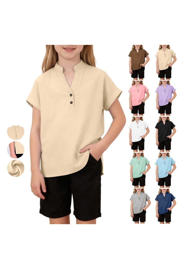 Henley Shirts for Kids Girls Button V Neck Rolled Short Sleeve Linen Shirt Basic Solid Split Hem T Shirts for Beach Vacation Beige 4-5 Years