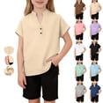 thumbnail image 1 of MKOSPLRT Henley Shirts for Kids Girls Button V Neck Rolled Short Sleeve Linen Shirt Basic Solid Split Hem T Shirts for Beach Vacation Navy 5-6 Years, 1 of 10