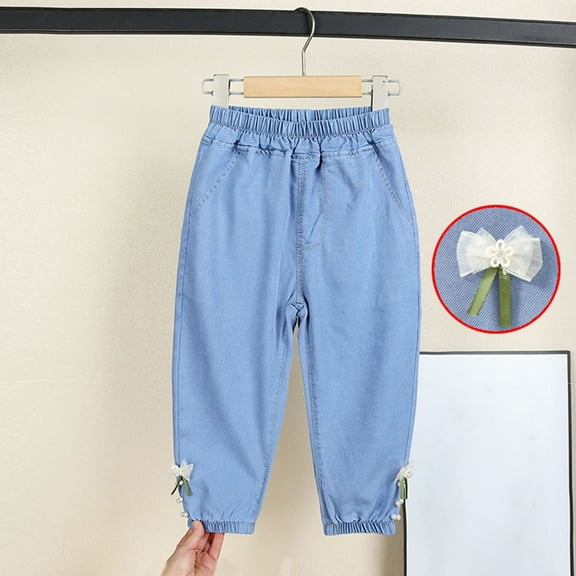MKOSPLRT High Waist Jeans for Little Girl 1-6 Years Cute Baggy Denim Pants Summer Solid Color Wide Leg Jeans Casual Cinch Bottom Jeans with Pocket