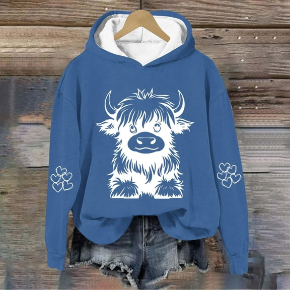 MKOSPLRT Highland Cow Hoodies for Kid Long Sleeve Western Cow Graphic Sweatshirts Casual Loose Pullover Tops Cute Hoodies for Girl Boy